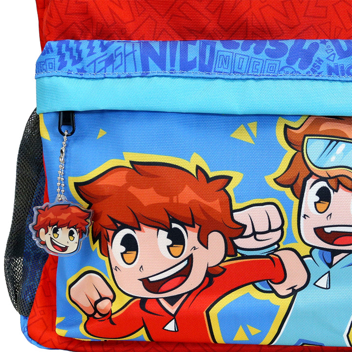Close up view of official Cash & Nico backpack bottom zipper pocket pouch and Cash keychain