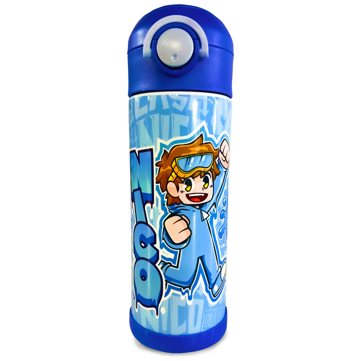 Front view of official Cash & Nico water bottle