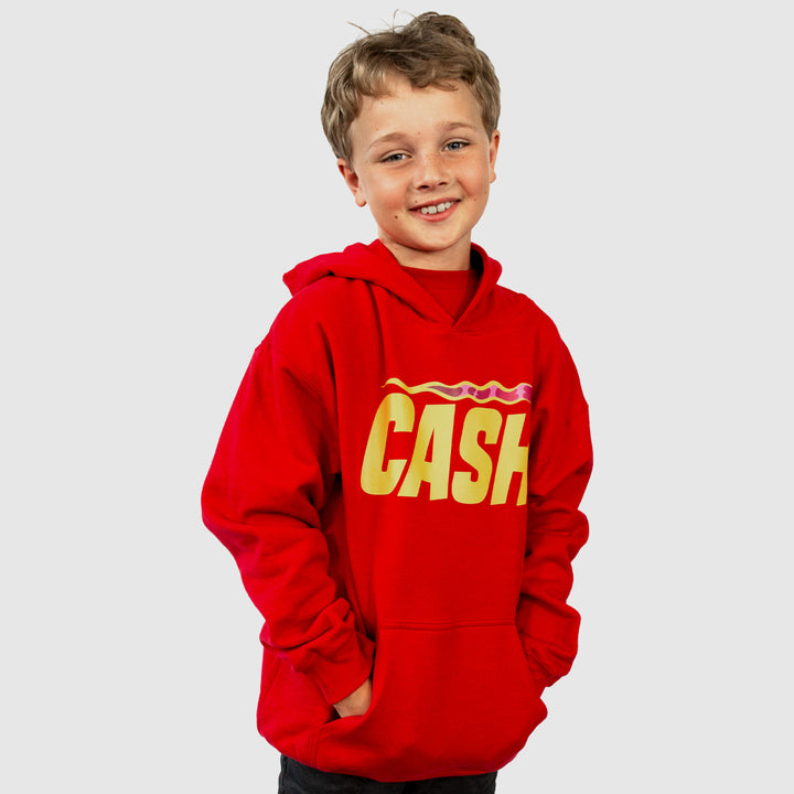 Child boy wearing Cash Red Hot Hoodie