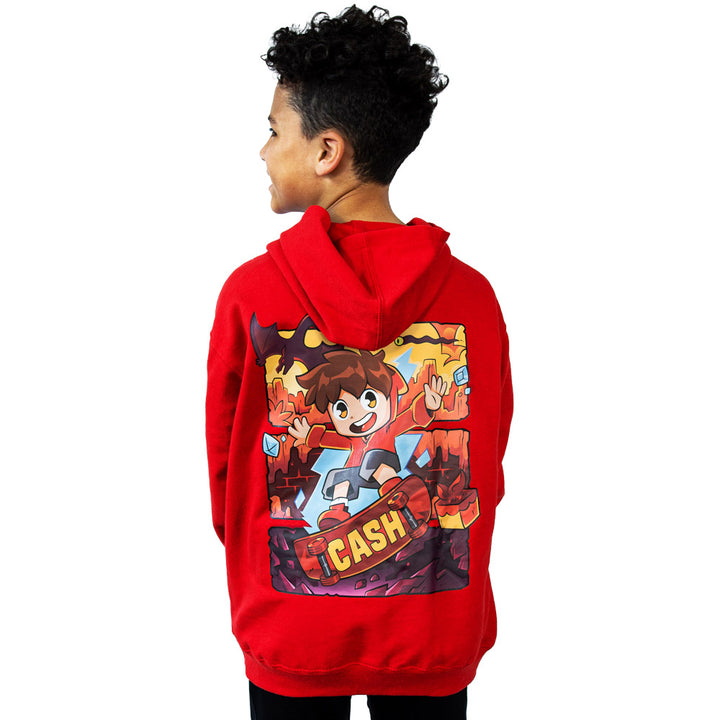Child boy wearing official Cash Red Hot Hoodie, showing off back