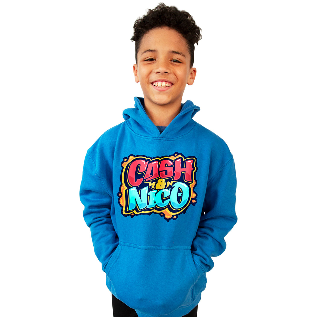 Child model wearing Cash & Nico Blue Graffiti Hoodie