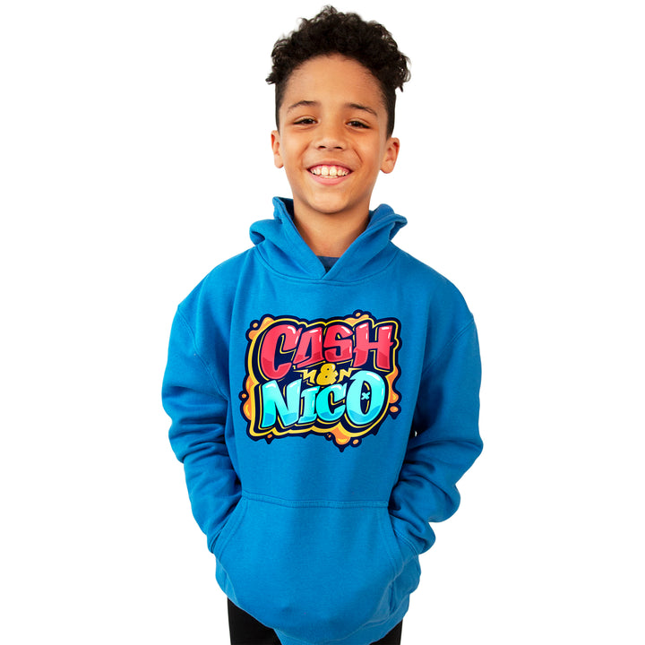 Child model wearing Cash & Nico Blue Graffiti Hoodie