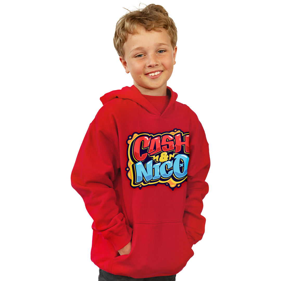 Child model wearing Cash & Nico Red Graffiti Hoodie