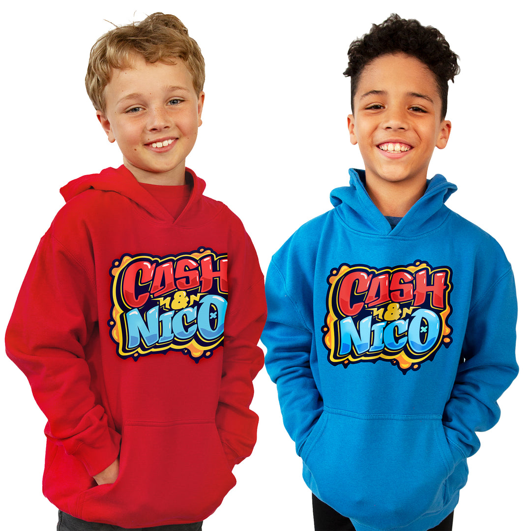 Child boys wearing Cash & Nico Graffiti red and blue hoodies