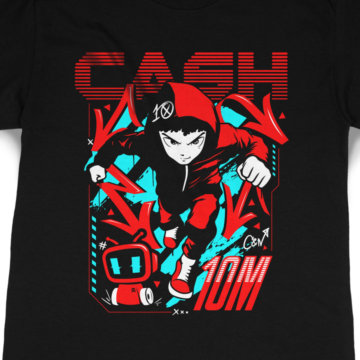 Close up of Cash Official 10M black tee