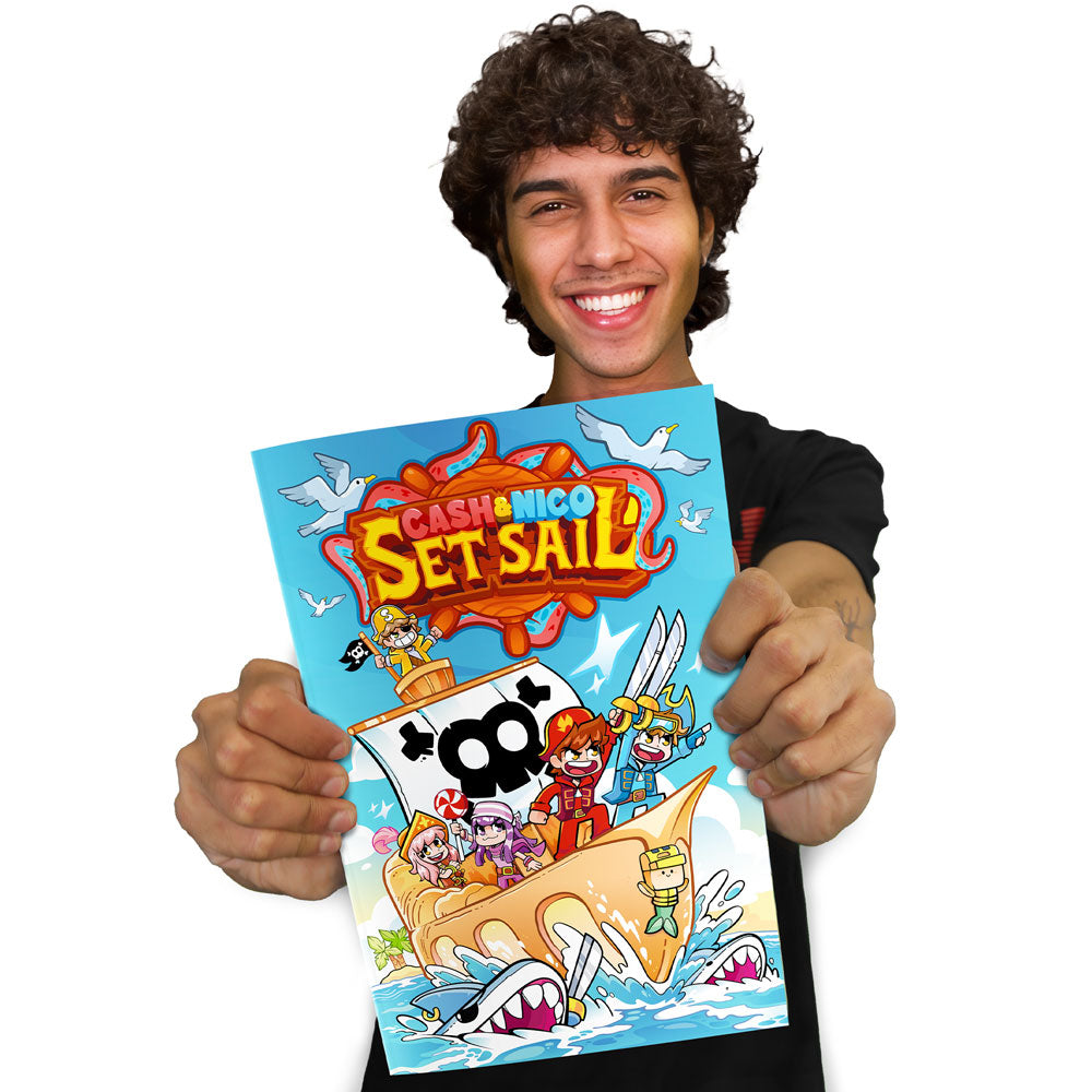 Cash holding new Set Sail comic book showing front cover