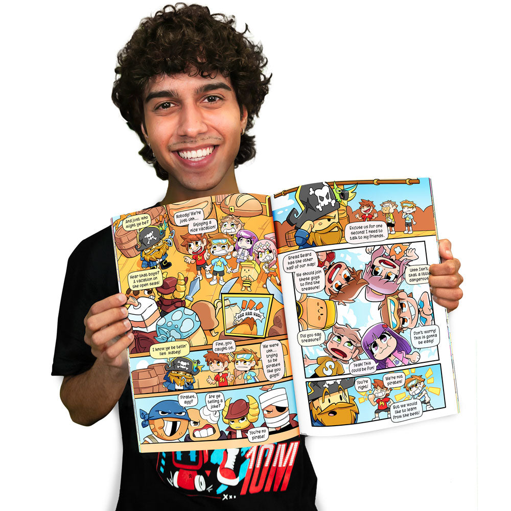 Cash holding new Set Sail comic book showing open pages