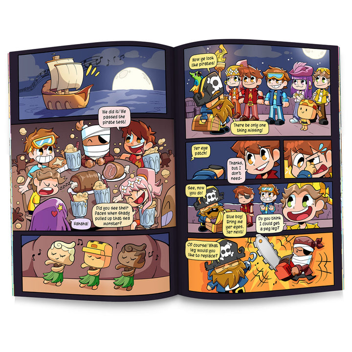 Open pages of Cash & Nico Set Sail comic book in the night on a ship