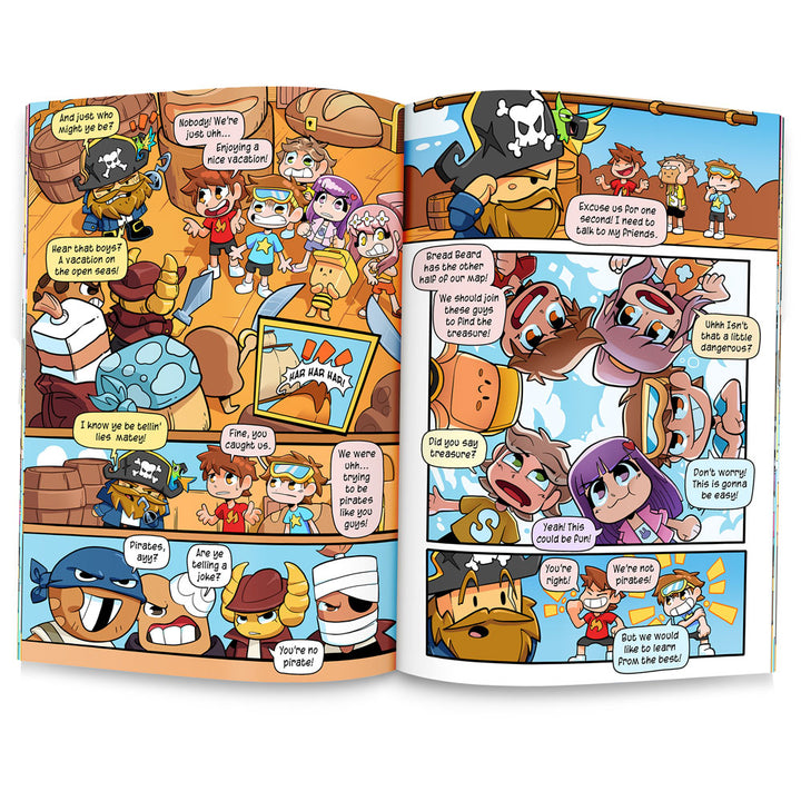 Open pages of new Cash & Nico Set Sail comic book about bread pirates